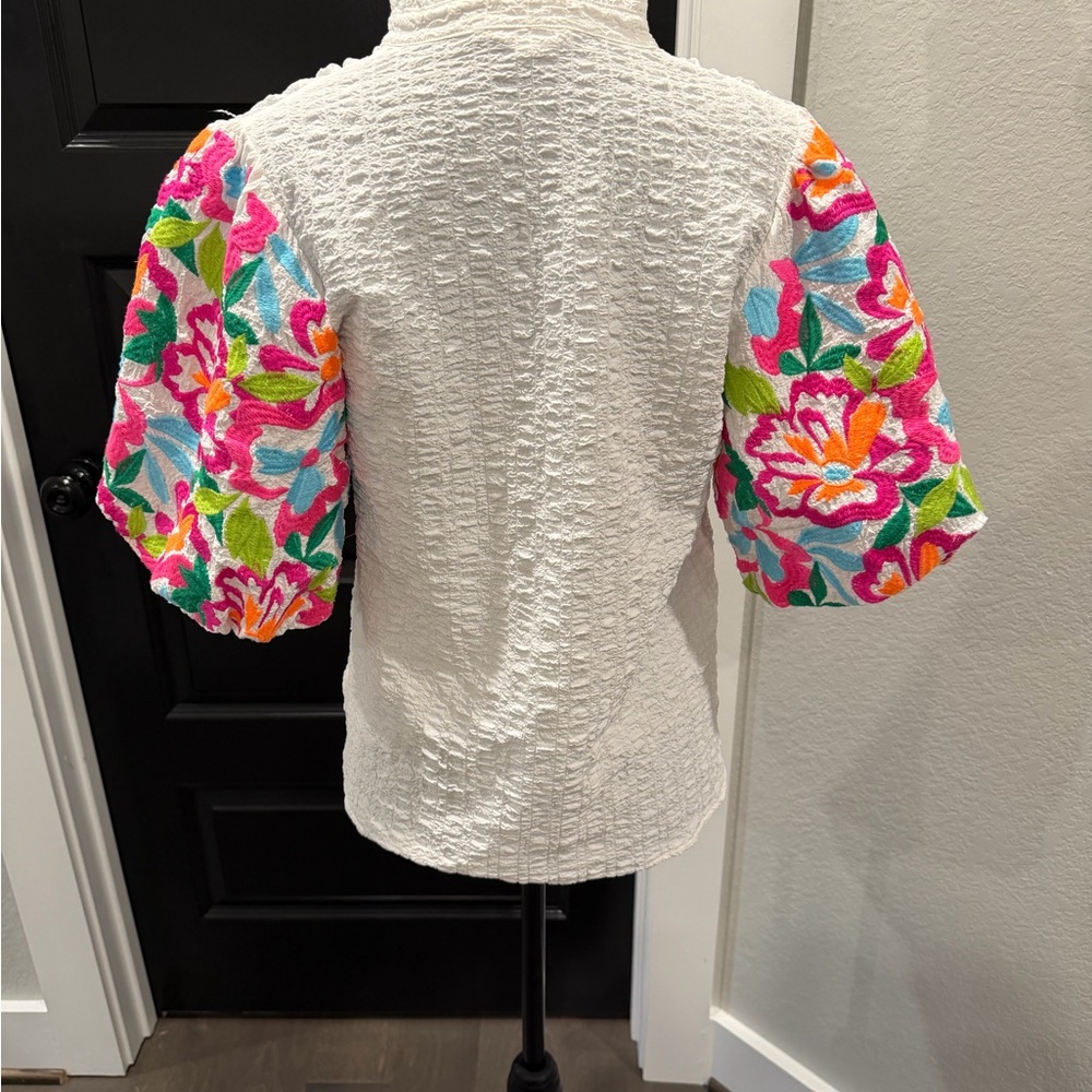 THML White Blouse with Vibrant Floral Sleeves